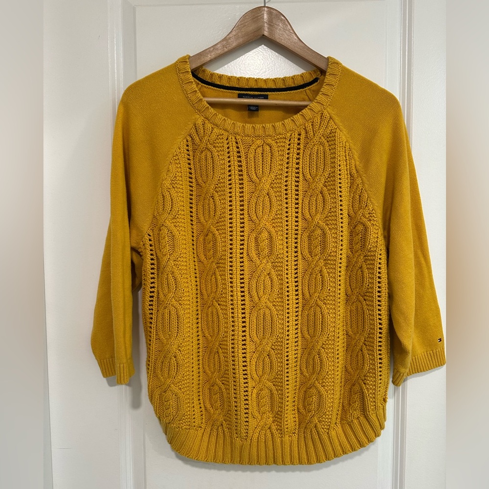 Tommy Hilfiger 2010s Women's Mustard Yellow 100% Cotton Cable Knit Sweater XL